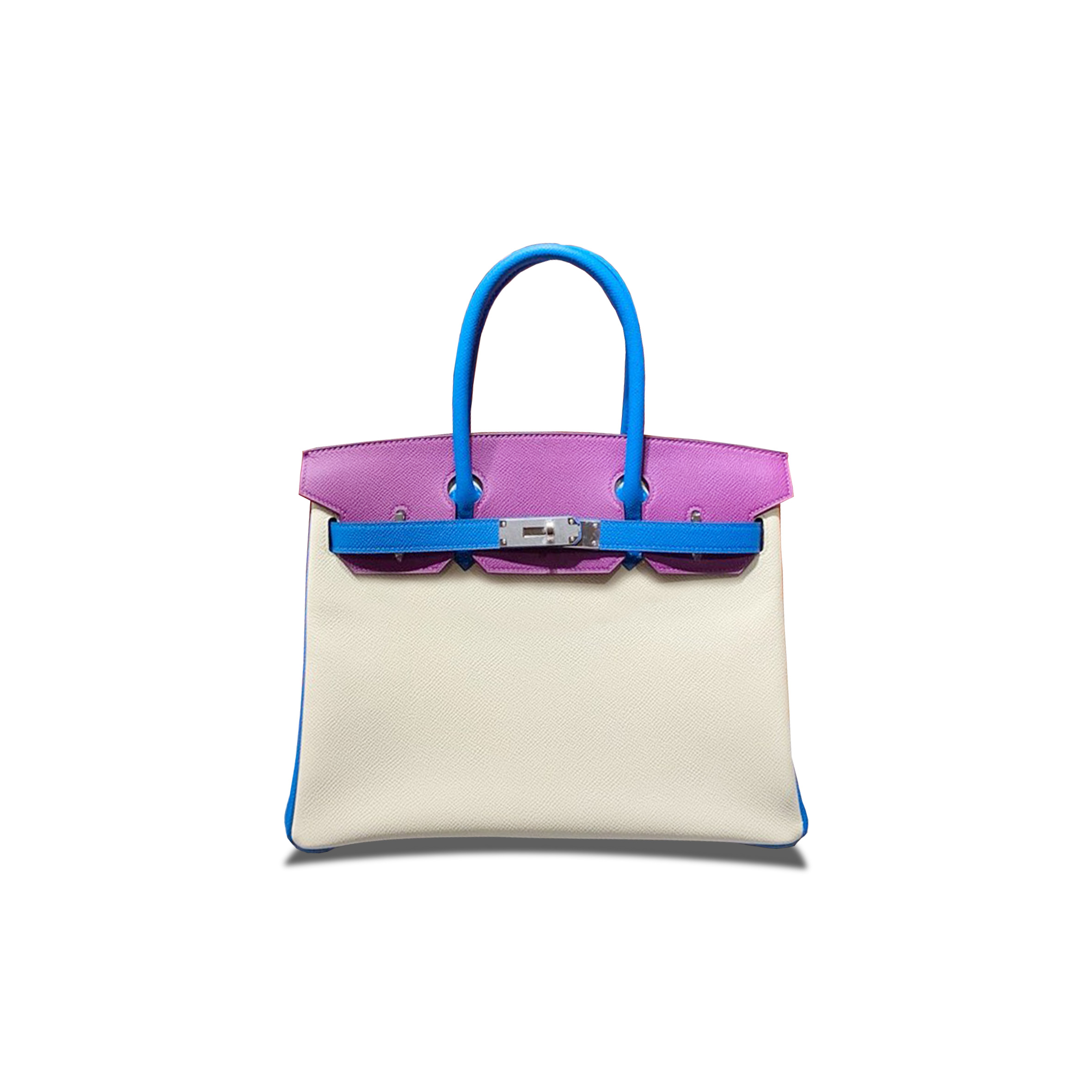 HERMES MASTER BIRKIN 30 EPSOM MILKSHAKE WHITE WITH WATER FAIRY BLUE AND ANEMONE PURPLE SILVER BUCKLE H028362CC07 (30*23*15cm)